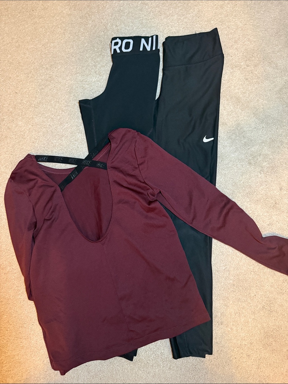 Nike Women's Deep Burgundy Long Sleeve Open Back Top and Leggings (lot of 3)
